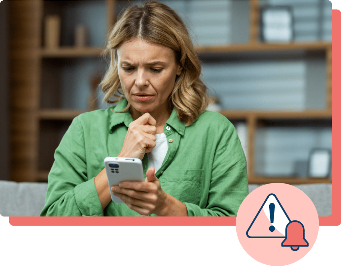 IT Asset Management, woman looking in a concerned way at a cellphone. By using Let's Talk, K-12 schools can set critical alerts to automatically flag and escalate troubling conversations — such as bullying or safety concerns.
